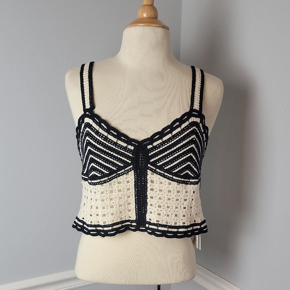 JASON WU Black Cream Crochet Knit Boho Retro Sleeveless Crop Sweater Top‎ 8 READ